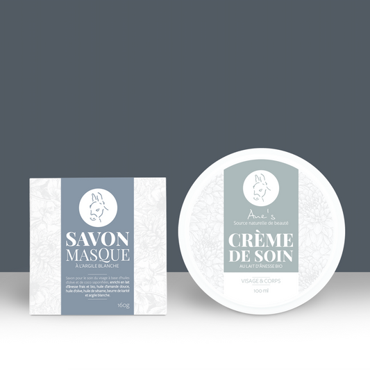 Coffret purifiant contenant un savon masque à l'argile blanche et une crème de soin visage et corps au lait d'ânesse frais et bio.