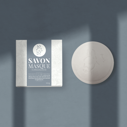 Savon masque à l'argile blanche, enrichi en lait d'ânesse frais et bio. Fabrication artisanale. Format économique: 160gr.